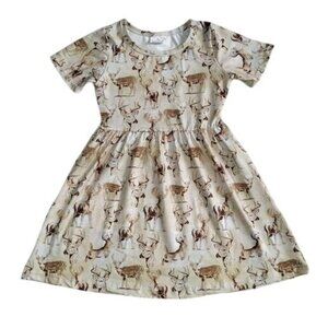 Holy Bucks Girls 4T Beige & Brown Buck Print Short Sleeve Cotton Blend Dress